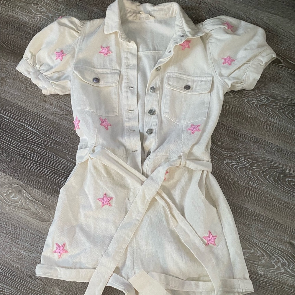 Peach Love California white & pink sequin star puff sleeve romper